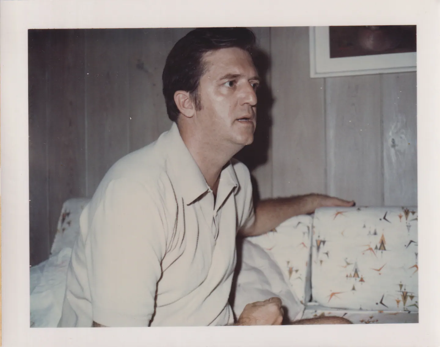 Michael Shaara in a cream short-sleeved shirt, seated on a patterned sofa against wood-panelled walls, mid-conversation, 1970s.